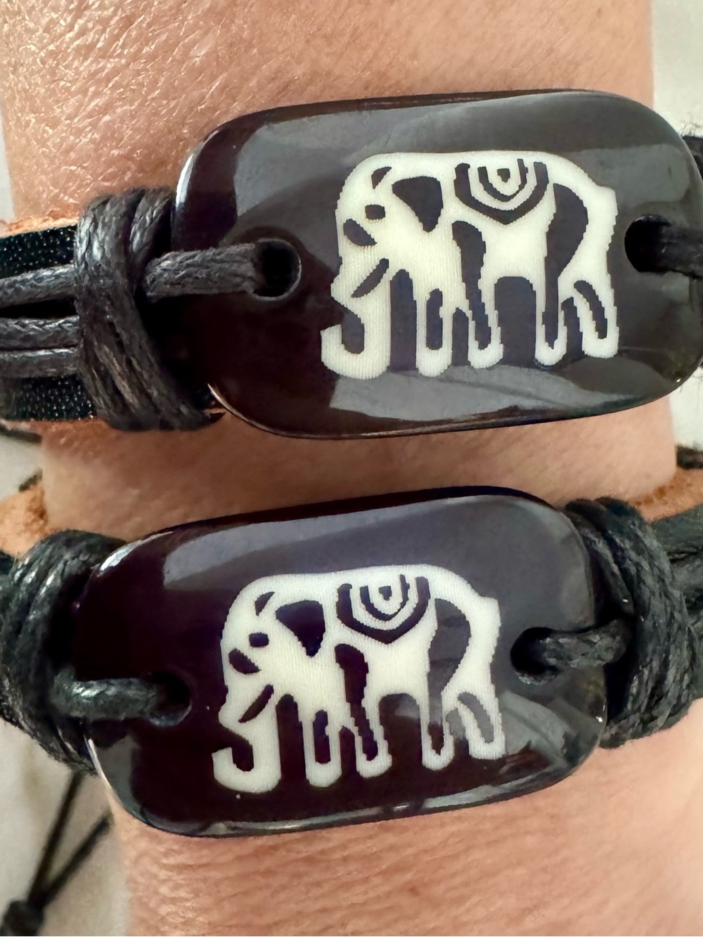 Set of 2 Boho Leather Elephant Charm Bracelets | Adjustable Drawstring Unisex Wr